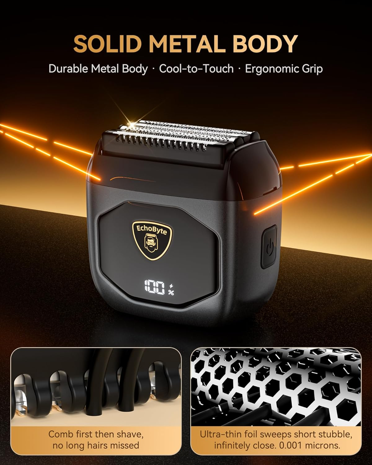 Full Metal Electric Foil Shaver for Men: 4 Floating Blades, IPX7 Waterproof Wet & Dry Mini Razor, 120-Min Runtime USB-C Rechargeable, Quiet Travel Groomer with LED Display (Space Black)