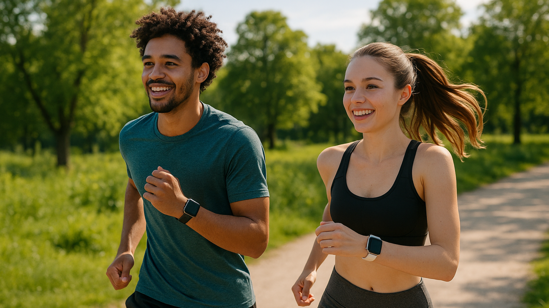 在跑步的两个年轻人，手上有智能手表